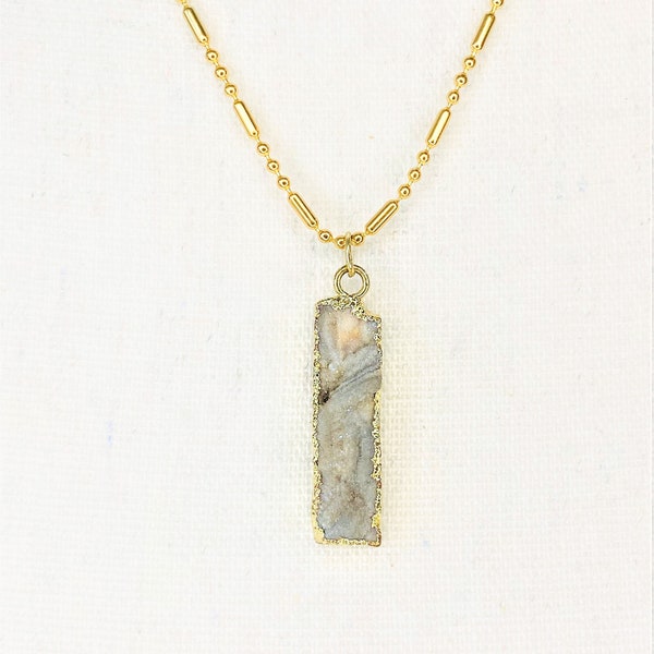 Gold Druzy Bar Necklace Natural Earth Tones Gold Dipped Druzy Pendant on Gold Over Stainless Steel 18"-20" Bead Chain