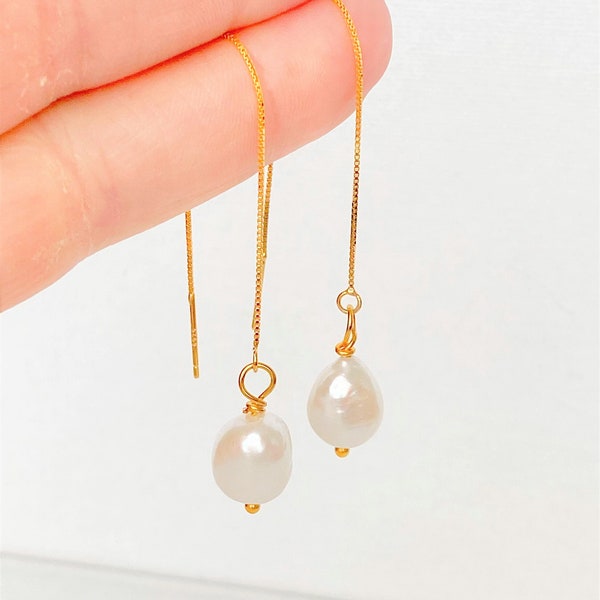 Baroque Freshwater Pearl Threader Earrings Gold - Real Pearl Threader Earrings - Rebel Bride Wedding Earrings - Edgy Minimalist Jewelry 2023