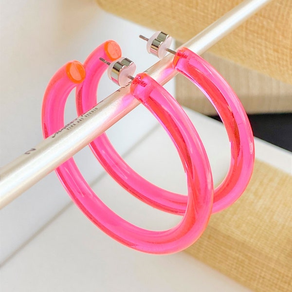 Neon Acrylic Round Hoop Earrings in Pink, Lime Green, Bright Yellow, Neon Orange - Stainless Steel Post Waterproof Colorful Resin Earrings