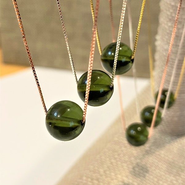 Real Moldavite Necklace 10mm Czech Moldavite Pendant Moldavite Choker Moldavite Crystal Bead on Gold, Rose Gold or Silver Slide Chain