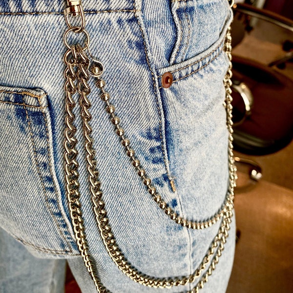 Three Strand Gold Jeans Chain - Triple Swag Pants Chain in Silver - Thick Heavy Chunky Stainless Steel Rocker Pants Chain for Men and Women