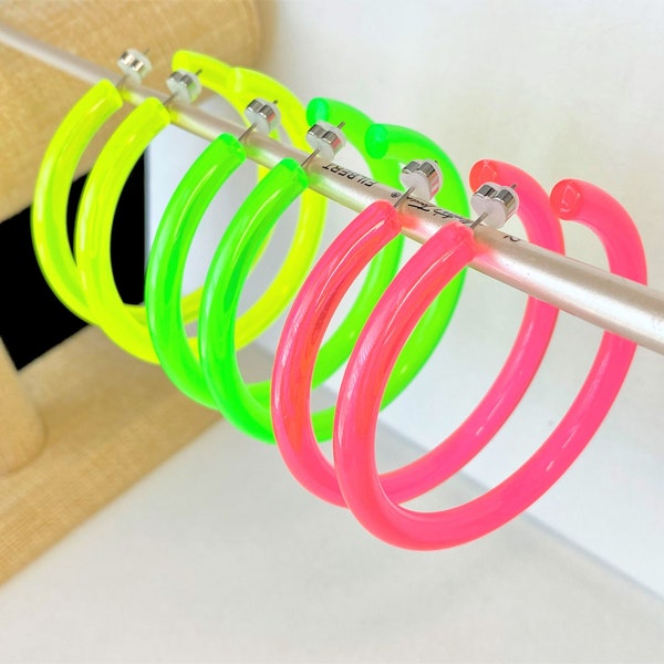 Big Classic 80s Neon Hoop Earrings - Retro Acrylic Resin Hoop Hot Pink, Neon Green, Neon Yellow - 2.75 IN Large Rounded Bright Color Hoops