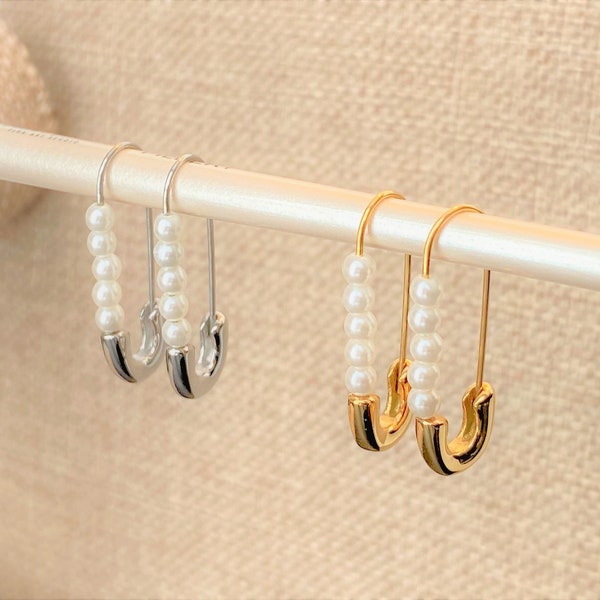 Elegant Rebel Pearl Safety Pin Hoop Earrings Gold or Silver with Shell Pearl Beads Handmade Dainty Oval Hoops Minimalist Earrings New 2023