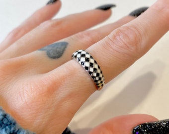 Black White Checker Ring Sterling Silver Harlequin Check Adjustable Band Ring Edgy Cool Ring Puff Band Ring Handmade Enamel Ring Gift Woman