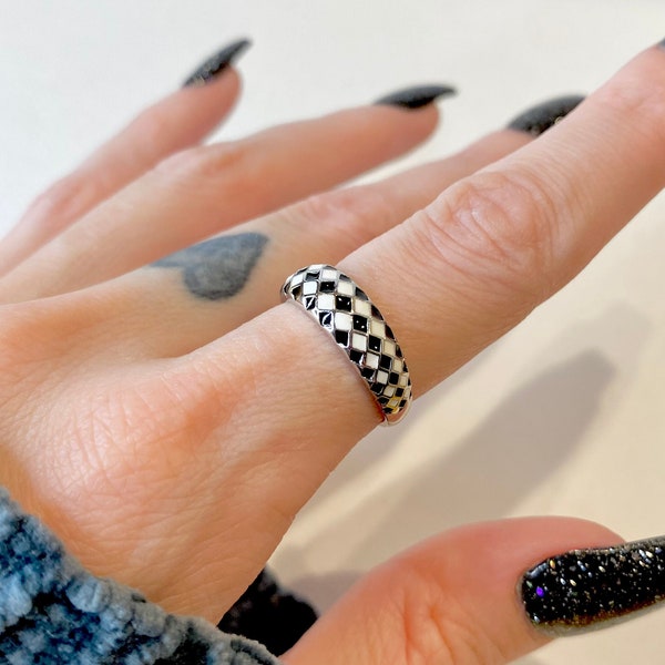 Black White Checker Ring Sterling Silver Harlequin Check Adjustable Band Ring Edgy Cool Ring Puff Band Ring Handmade Enamel Ring Gift Woman