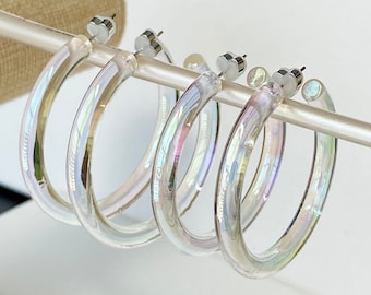 Holographic Clear Hoop Earrings - AB Coated Clear Acrylic C-Hoops - Galaxy Clear Resin Hoop Earring - 1.75 IN 2.25 IN Stainless Steel Post