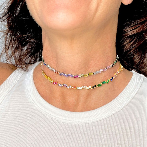Multicolor Diamond Tennis Necklace - Colorful Gold CZ Crystal Bolo Choker - Adjustable Silver 70s Boho Hippie Head Jewelry Rainbow Necklace