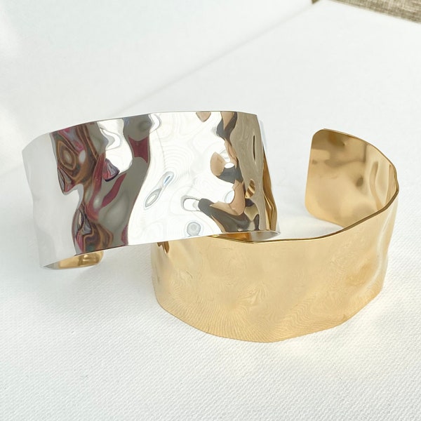Unique Wide Chunky Cuff Bracelet - Gold Hand Hammered Cuff - Silver Wide Bracelet - Minimalist Statement Bracelet Gift for Women Holiday