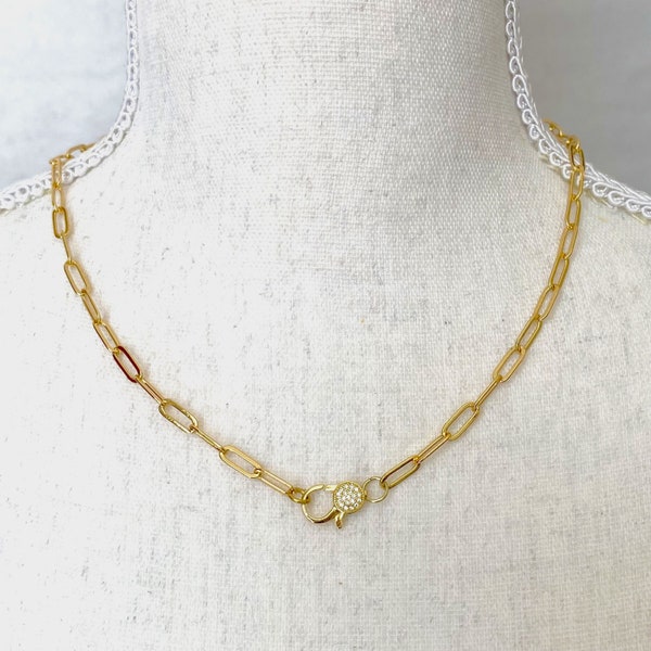 Fancy Clasp Paperclip Chain Necklace - Front Facing Crystal Clasp Closure Chunky Layering Chain - Short or Long Paper Clip Chain