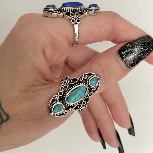 Boho Statement Ring in Lapis or Turquoise - Western Southwest Cowboy Ring Gift for Women - Antiqued Silver Finish Hippie Ring in SZ 7 8 9