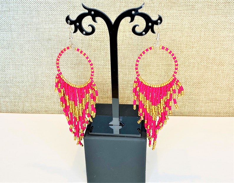 Pink Dream Catcher Fringe Earrings 4.75 Long Earrings Pink and Gold Beaded Earrings Africa Seed Bead Earrings Hippie Earrings