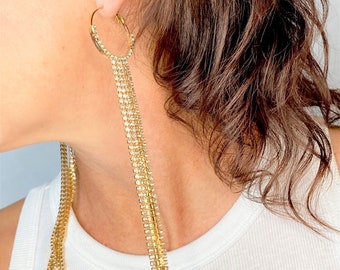 Extra Long 70's Crystal Fringe Earrings - 6.5 IN Gold Chain Shoulder Length Statement Earring - Silver Hoop Earring Rhinestone Dangle Fringe