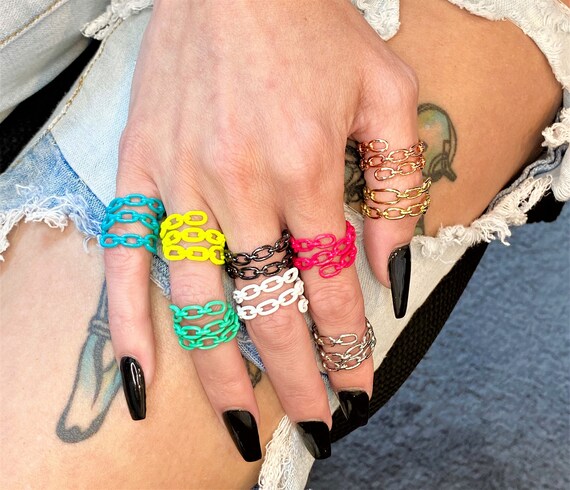 Edgy Chain Link Wrap Ring in Waterproof Bright Neon Enamels or