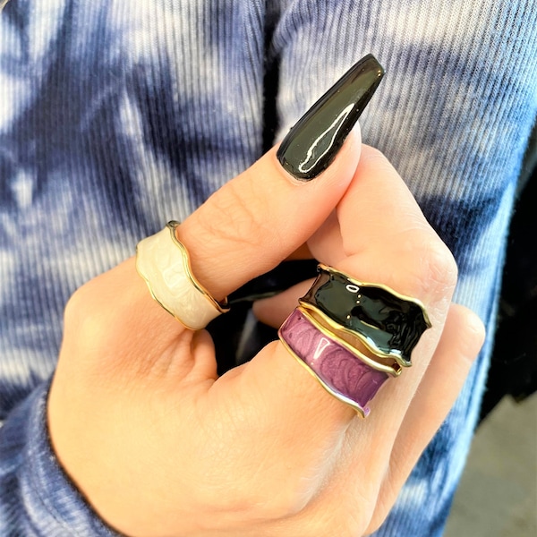 Wavy Edge Enamel Wide Band Rings - Amazing Thumb Rings - Statement Rings in White, Purple or Black Enamel - Minimalist Adjustable Size 7-10