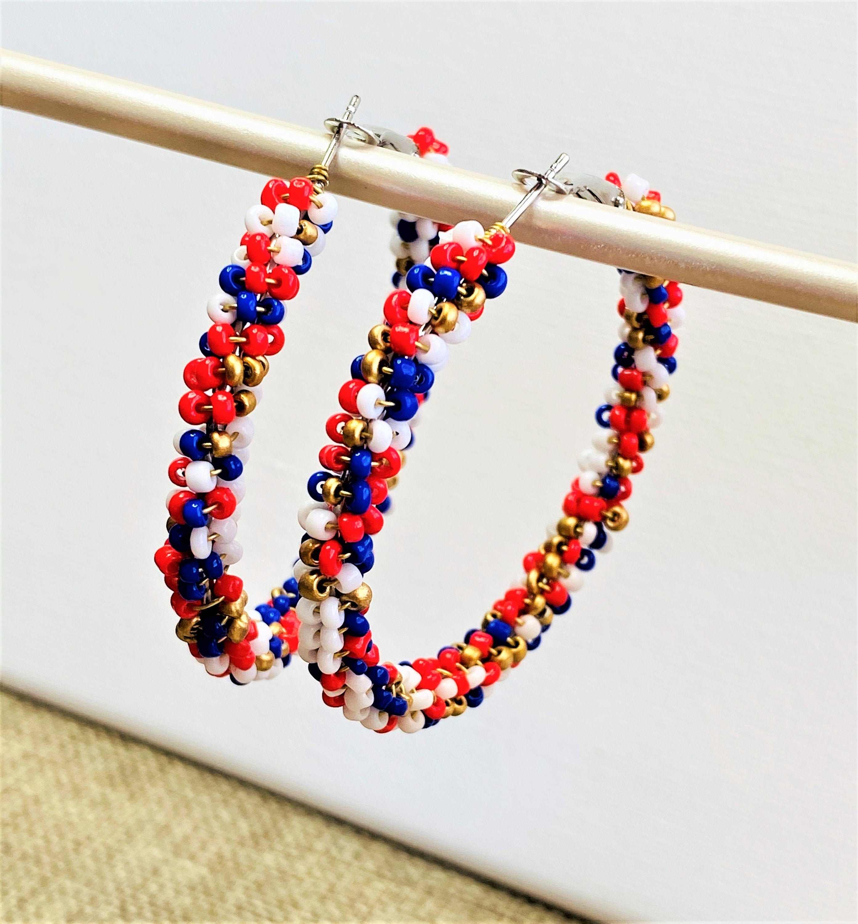 Boho Bead Hoops Red White Blue Beaded Hoops Large Hoop Etsy