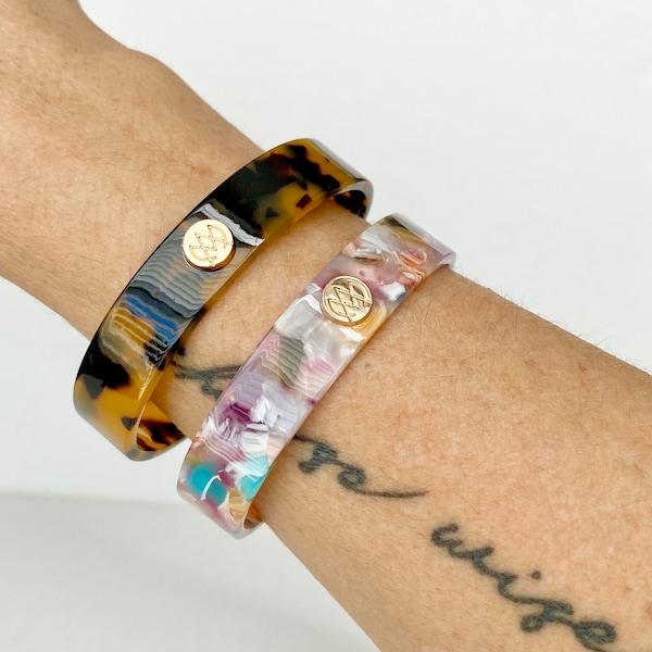 Acrylic Resin Cuff Bracelet with Charm in Brown Tortoise Shell, Lavender Multicolor, White Tortoise - Handmade Bangle Cuff Bracelet 2024