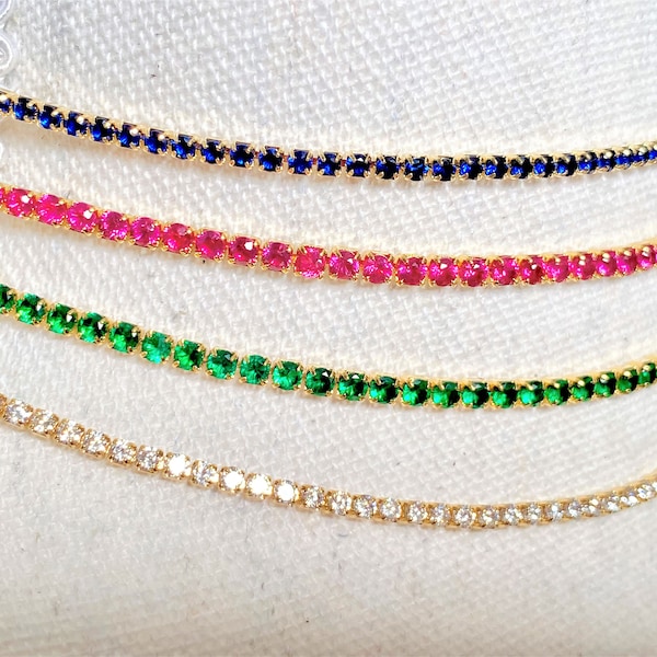 Minimalist Thin Gold Tennis Choker Clear CZ Diamond Blue Green or Pink 2mm Crystal Tennis Necklace Adjustable Size 12.5 IN to 17 IN Classic