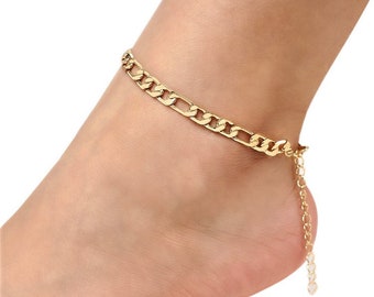 Minimalist 4 Pieces Gold Silver Tone Figaro /& Curb Chain Anklet Set