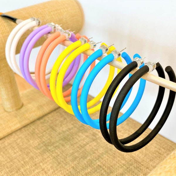 Bright Colors Big Hoop Earrings in Blue, Purple, Yellow, Green, Melon Orange, Black and White in 2.5 Inch or 1.5 Inch Modern Matte Finish