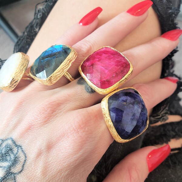 Real Gemstone Gold Filled Statement Rings - Big Blue Sapphire Cocktail Ring - Adjustable Large Ruby Ring Matte Finish Labradorite Moonstone