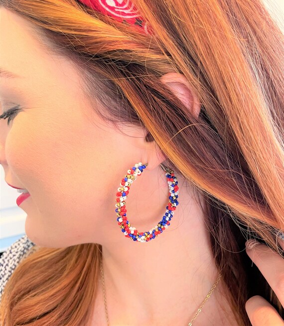 Red white and 2025 blue hoop earrings