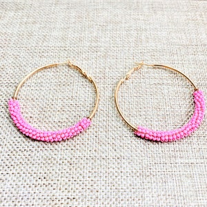 Pink Hoop Earrings Maasai Africa Beaded Gold Multicolor Seed Bead Hoops Boho Hippie Large Hoop Earrings in 7 Beaded Colors!