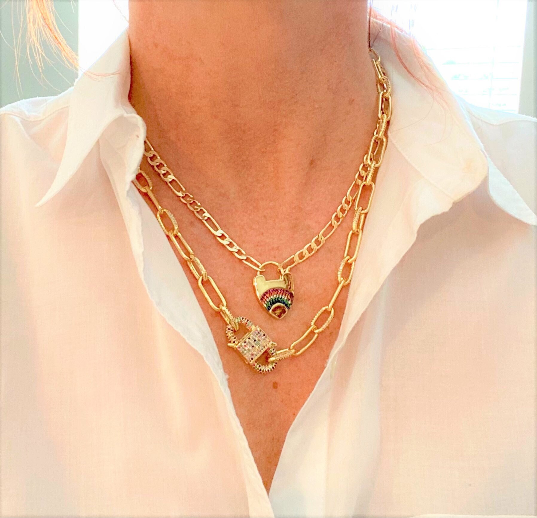 Gold Padlock Chunky Chain Necklace Rainbow Lock on Heavy Curb Etsy