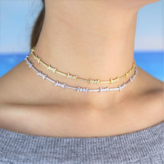 Crystal Barbed Wire Necklace Silver 