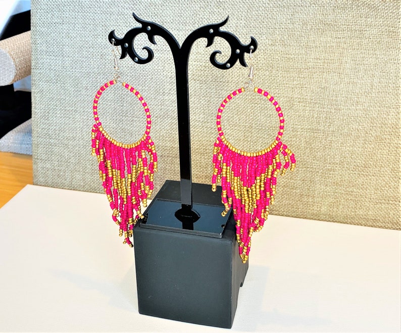 Pink Dream Catcher Fringe Earrings 4.75 Long Earrings Pink and Gold Beaded Earrings Africa Seed Bead Earrings Hippie Earrings