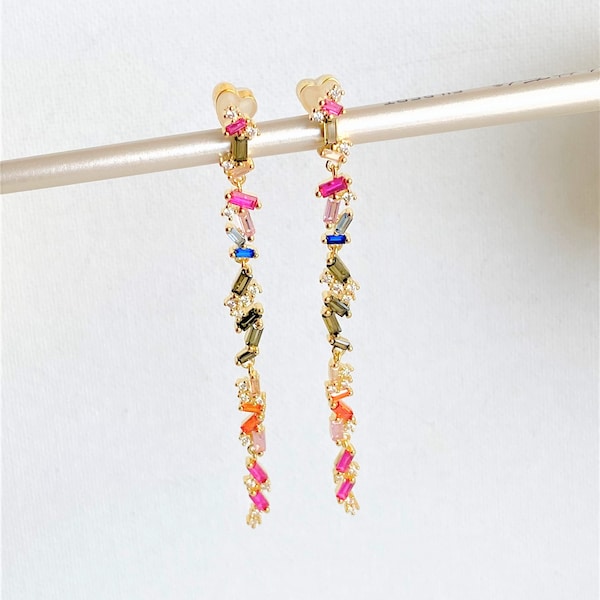 Extra Long Dangle Earrings - Diamond  Drop Earrings Multicolor - Colorful CZ Crystal Gold Long Earring - Gorgeous Sparkly Bling Linear Studs