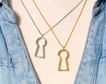 Keyhole Pendant Necklace Sterling Silver - Feminine Symbolism - Sleek Pretty Interesting Custom Handmade Gold Key Hole Charm Women Love Gift