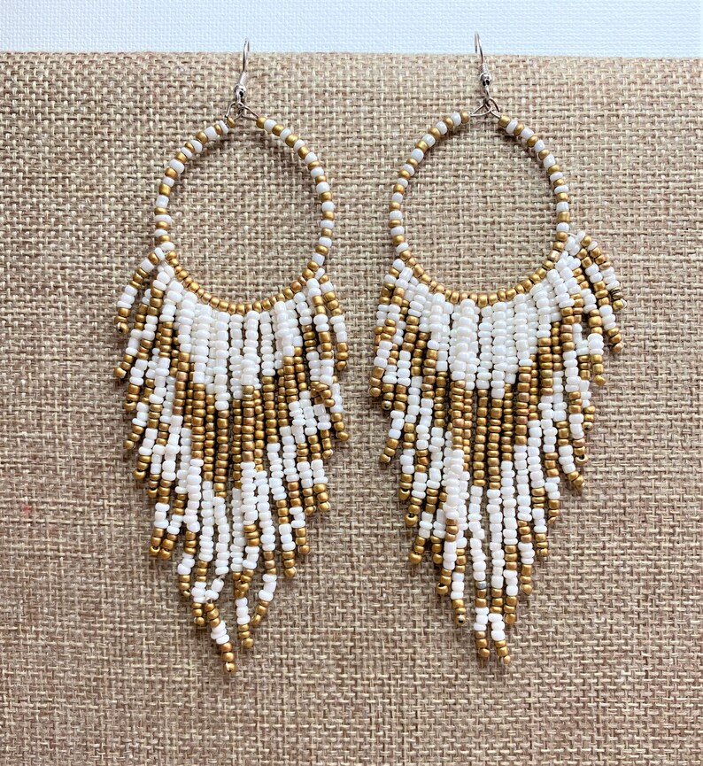 Pink Dream Catcher Fringe Earrings 4.75 Long Earrings Pink and Gold Beaded Earrings Africa Seed Bead Earrings Hippie Earrings