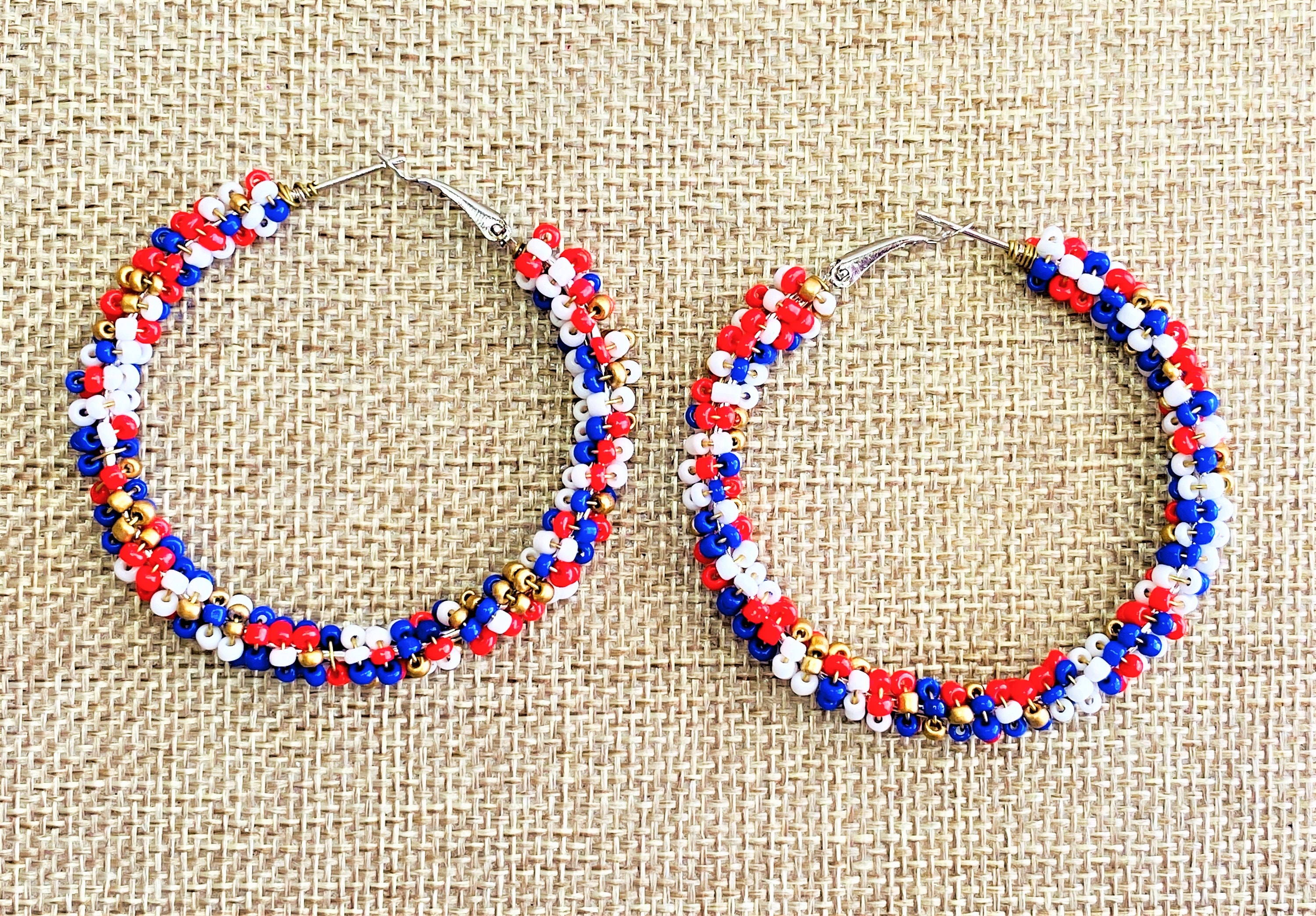 Boho Bead Hoops Red White Blue Beaded Hoops Large Hoop Etsy