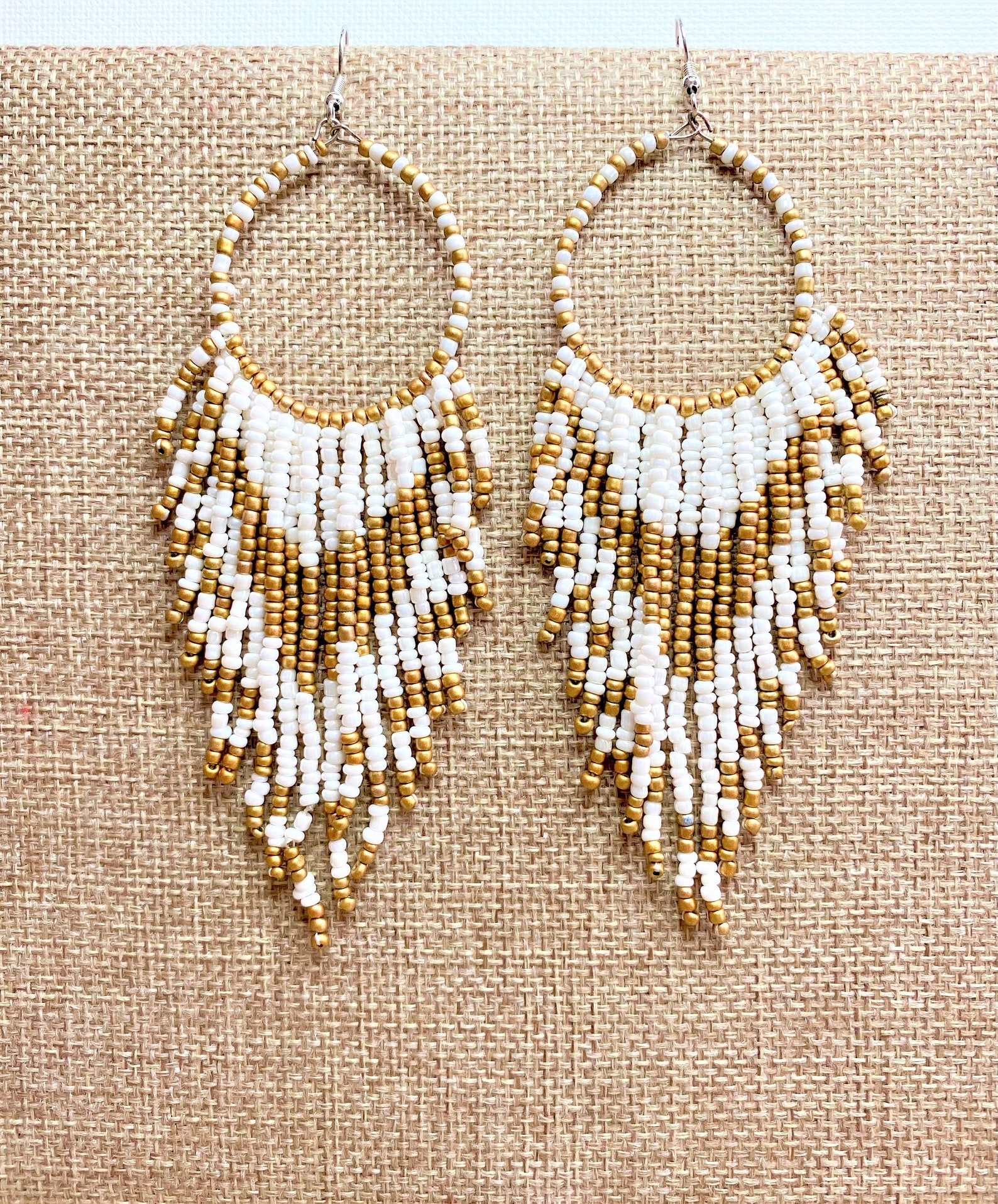 Boho Fringe Earrings Seed Bead Earrings in White Gold Fushcia | Etsy
