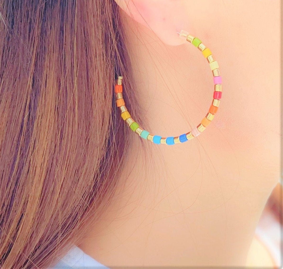 Ceramic Rainbow Hoop Earrings Rainbow Gold Enamel Earrings Boho Beaded