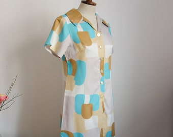 60s dress, turquoise, beige, white abstract patterned, blouse dress, polo collar, Mr. Bob of California, Twiggy, A-Line, buttoned