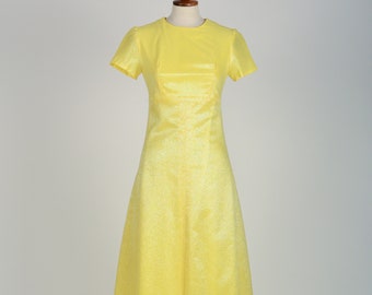 yellow 60s evening dress, yellow Iris, A-line, 60s, short sleeve, dress, ball gown, shimmering, long