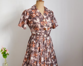 50s dress, flowers, brown orange rust flowered, beige rockabilly, true vintage, 50s, summer dress, ikat print