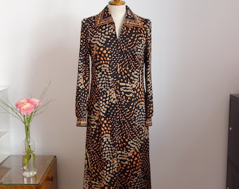 70s dress, black orange patterned, animal print, hippie, true vintage