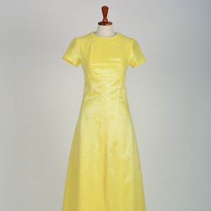 yellow 60s evening dress, yellow Iris, A-line, 60s, short sleeve, dress, ball gown, shimmering, long