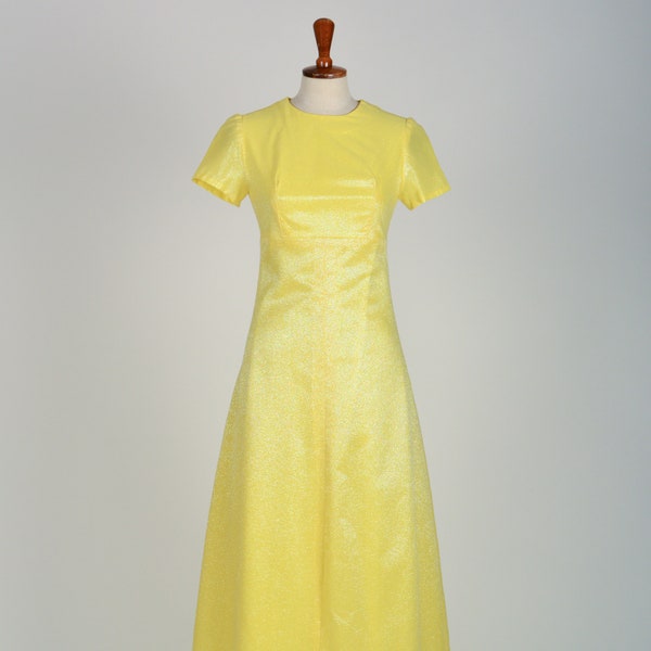 gelbes 60er Jahre Abendkleid, yellow Iris, A-Linie, 60s, Kurzarm, Kleid, Ballkleid, schimmernd, lang