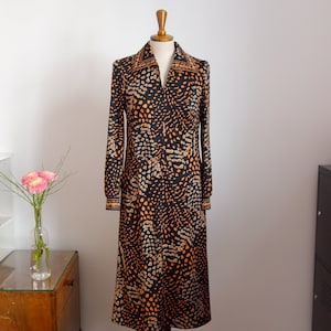 70s dress, black orange patterned