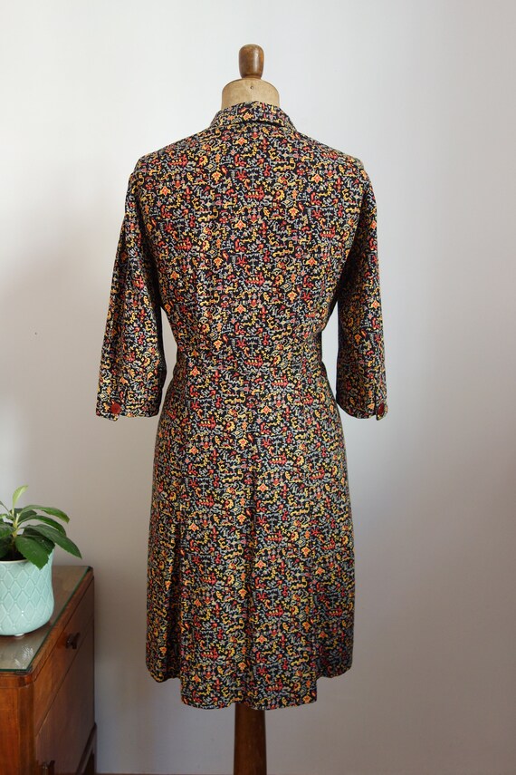 50s dress, cotton, black colorful patterned, bags… - image 5