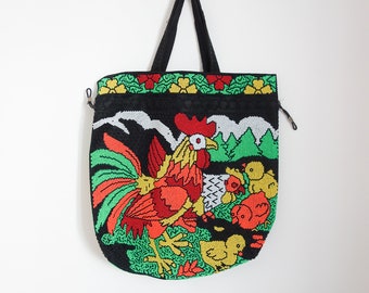 Bag 70s embroidered with small beads, true vintage, boho, summer, black, embroidered, colorful, beach bag, Easter