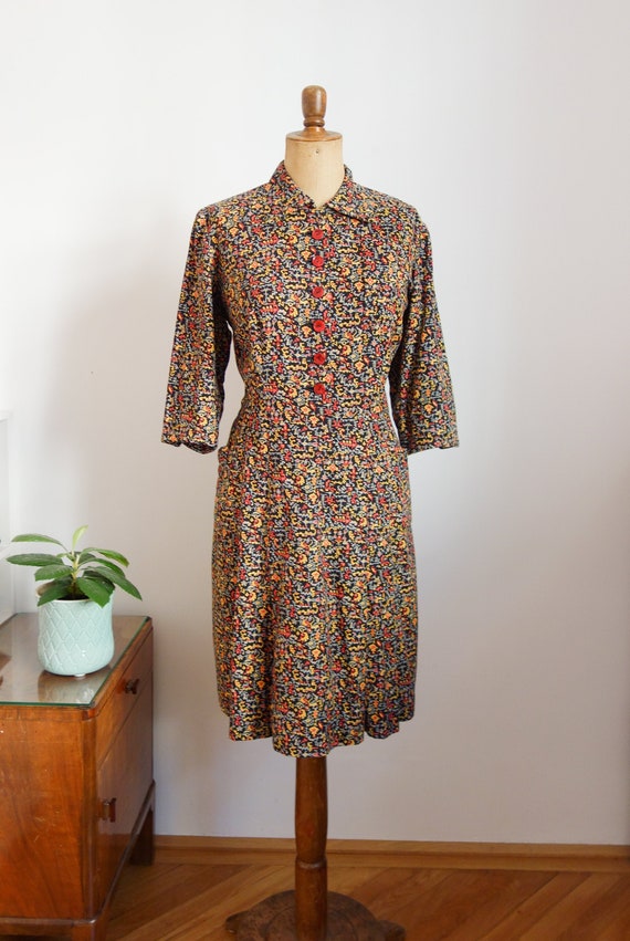 50s dress, cotton, black colorful patterned, bags… - image 1