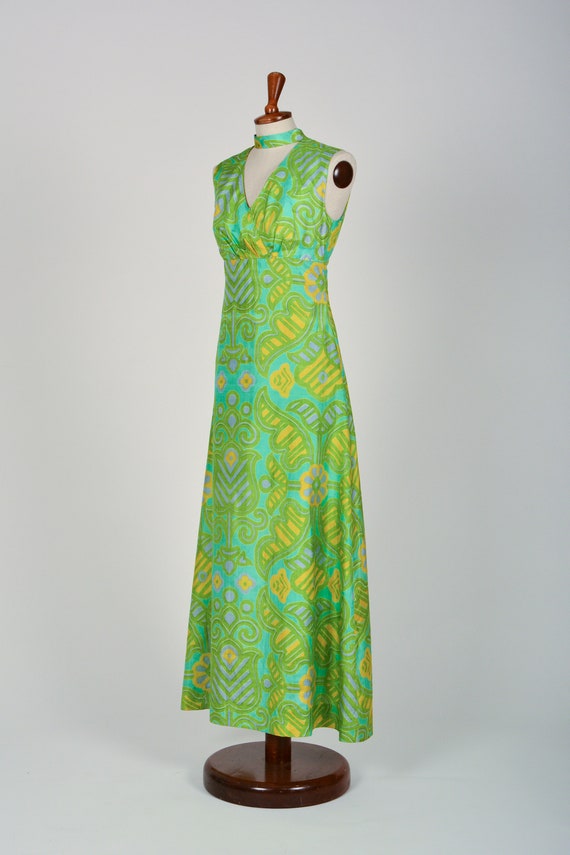 Silk Dress 60s, Evening Dress in Green Turquoise … - image 4