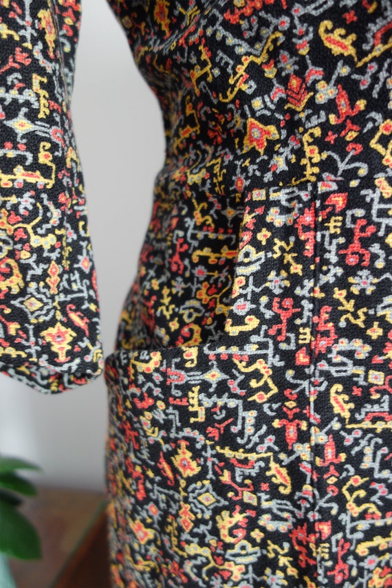 50s dress, cotton, black colorful patterned, bags… - image 3