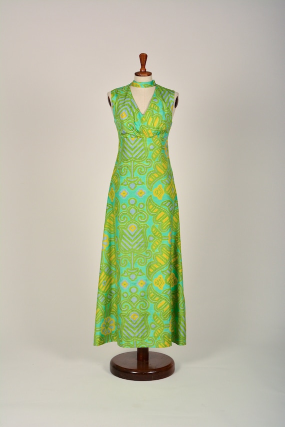 Silk Dress 60s, Evening Dress in Green Turquoise … - image 1