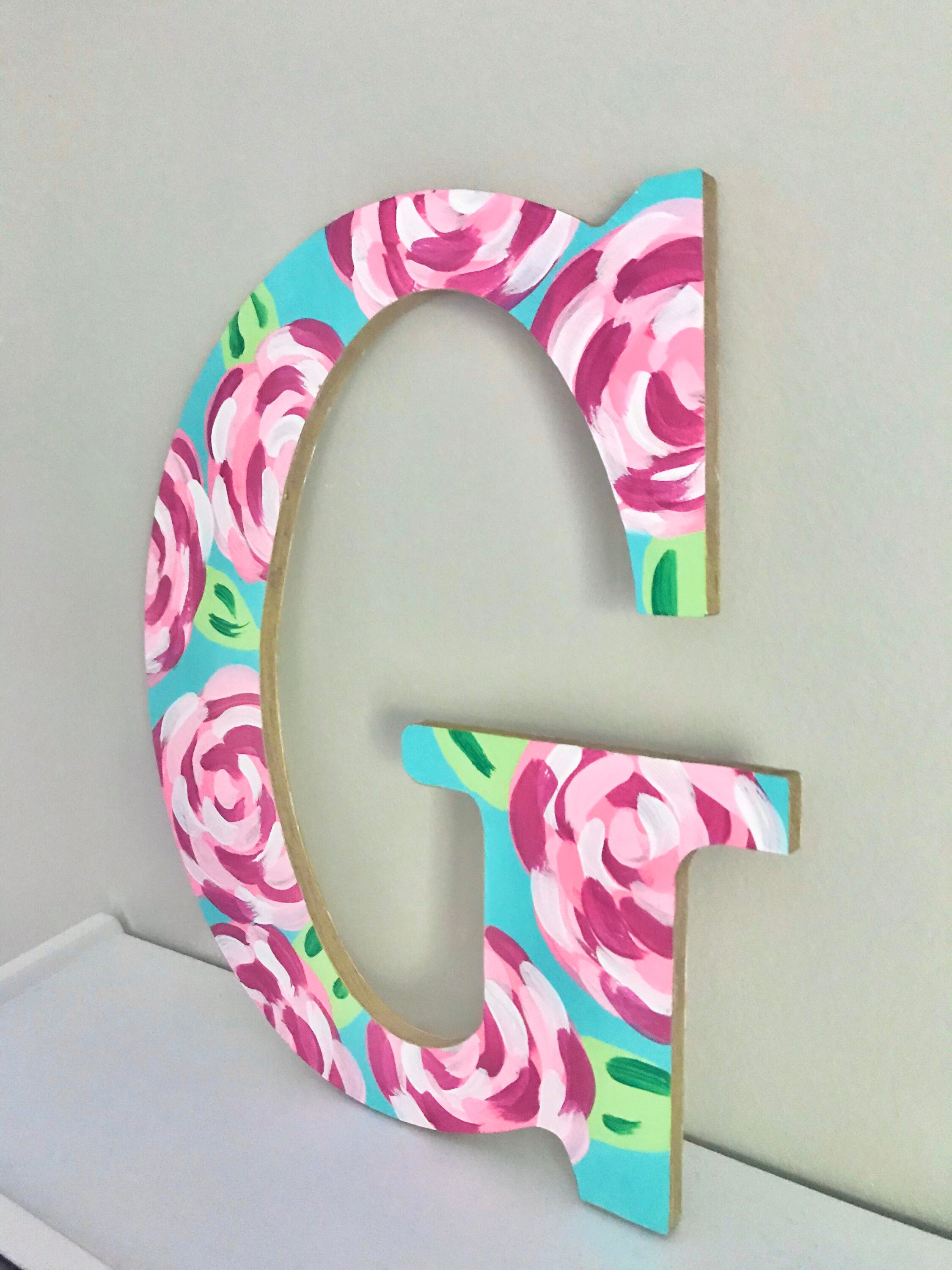 Pink Roses Hand Painted Letter Painted Wooden Initial Etsy