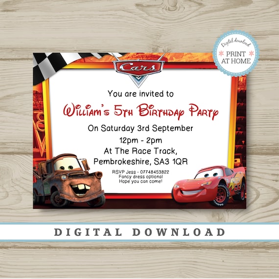 Disney Cars Lightning McQueen Birthday Party Invitations Personalised